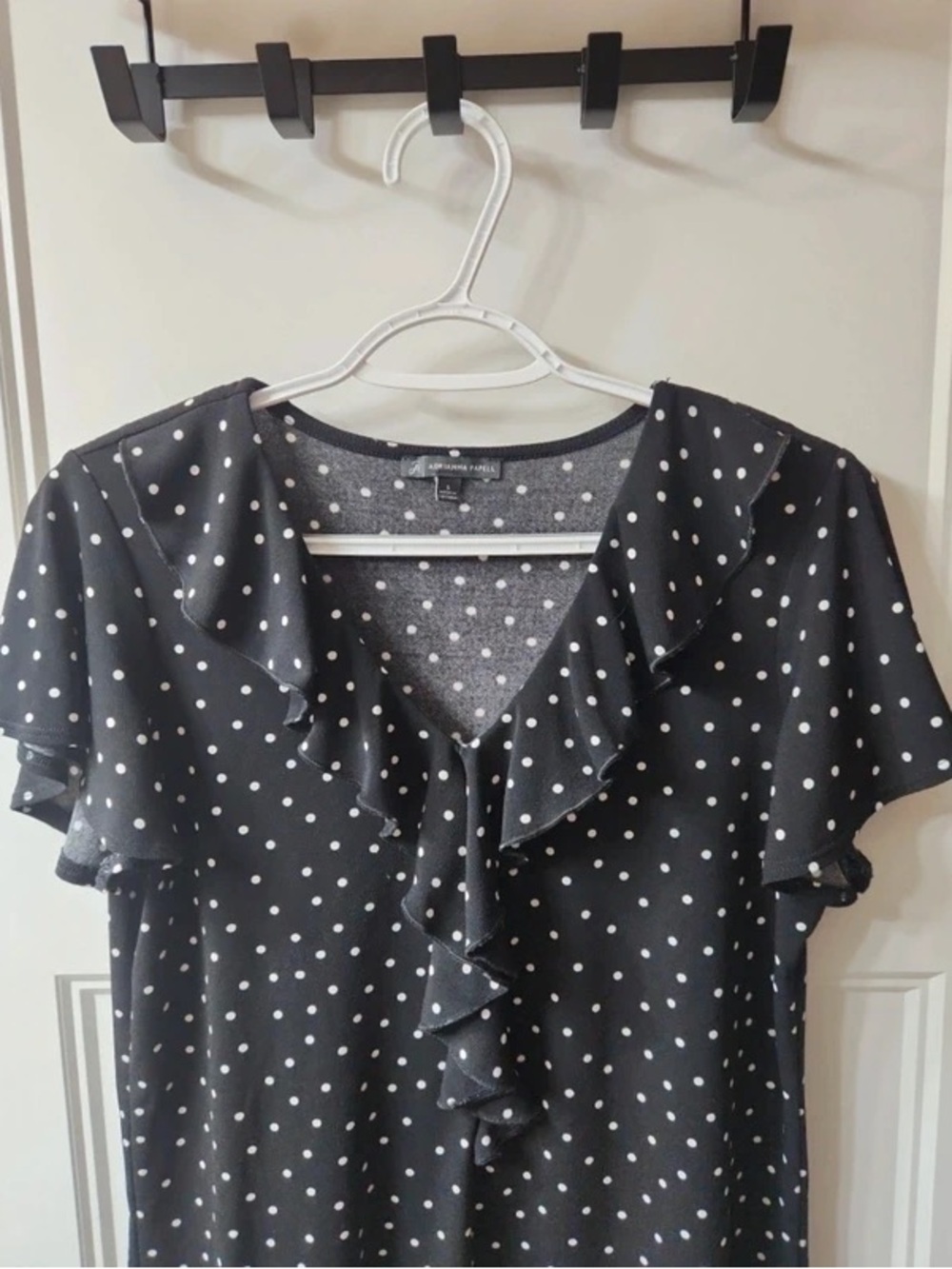 Adrianna Papell Black Polka Dot Ruffle V-Neck Blouse - Picture 3 of 5